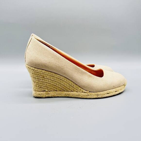 J Crew Shoes Womens 7.5 Beige Canvas Espadrille Wedge Heels Summer Wedding - Picture 1 of 10